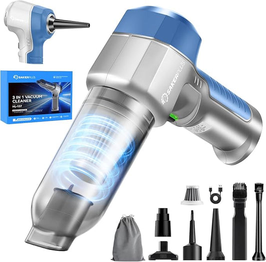 SakerPlus Mini Vacuum Cleaner, 3 in 1 Car Vacuum Cleaner High Power, 15000PA Powerful Suction, Air Duster, 7500mAh, Adjustable Small Vaccum Portable Cordless for Cars,Desktop,Home- Light Blue