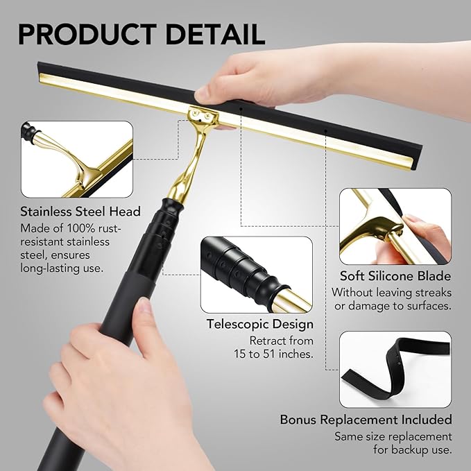 Shower Squeegee with Long Handle, 15-51" Telescopic Squeegee for Window Cleaning, Window Squeegee for Glass Doors, Extendable Window Cleaner Tool for Tile Walls, Sliding Door, Floor, Car Windshield-GD