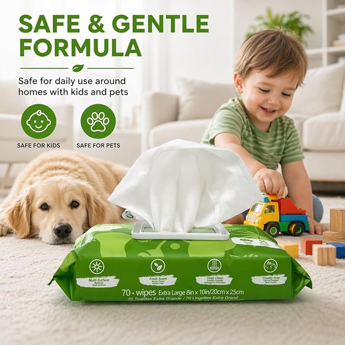 Air Jungles All Purpose Cleaning Wipes for Car and Home 70 Count (Pack of 2), Extra Large 8" x 10" Heavy Duty for Car Interior Vinyl, Kitchen, Bathroom, Countertop, Furniture, Tool - Non-Toxic