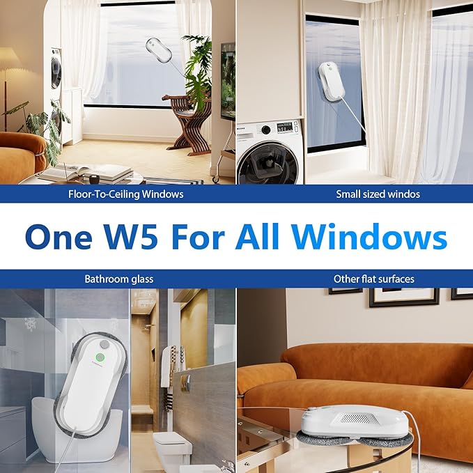Tosima W5 Window Cleaning Robot, Dual Direction Auto-Spray Smart Window Cleaner with Triple Safety System, Smart Navigation, Remote Control, for All Smooth Surfaces, with 8 Rags, White Robotic Vacuums