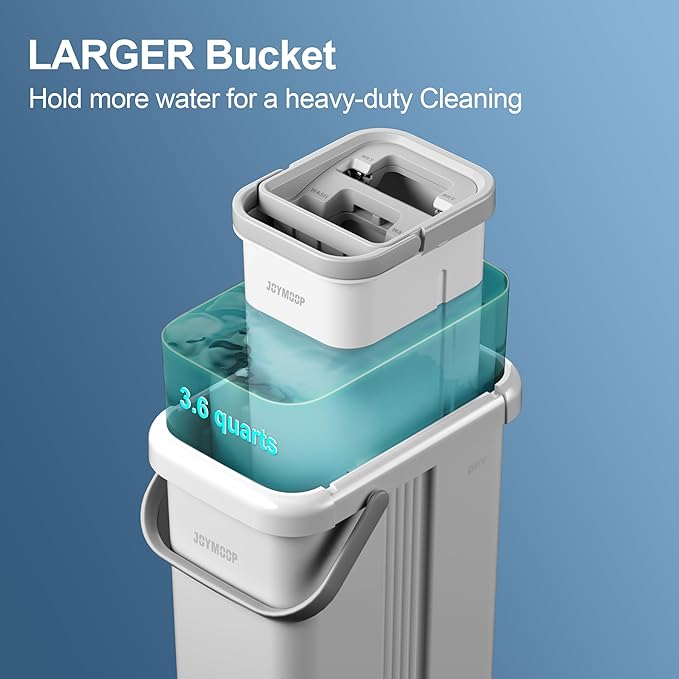 JOYMOOP Flat Mop System, Microfiber Mop and Bucket Set, White, Hands-Free Floor Cleaning Mop for Household & Commercial Use, Wet and Dry Cleaning, Includes 3 Washable Pads