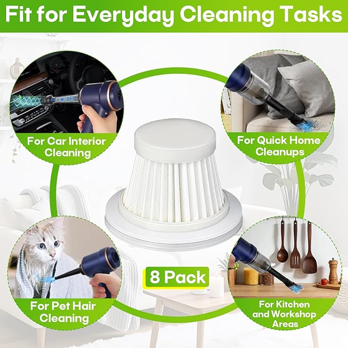 8-Pack HEPA Vacuum Filter Replacement with Cleaning Brush Compatible with KMM LT-117C Handheld Car Vacuum Cleaner, Washable & Reusable