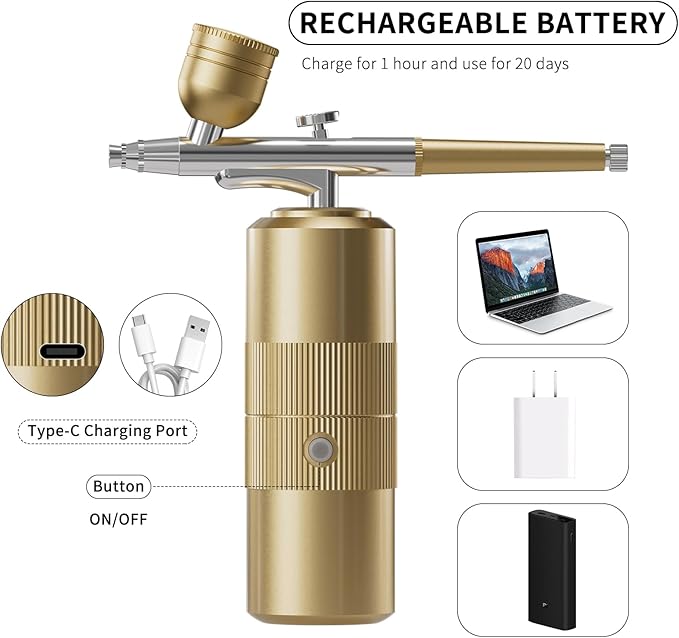 Airbrush Kit with Compressor Portable Airbrush Kit 48PSI High-Pressure Non-Clogging Air Brush Set Cordless Rechargeable with 0.3mm Nozzle and Cleaning Brush for Painting,Nail Art, Makeup (Gold)