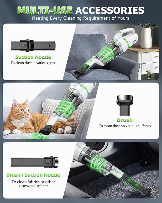 AHNR Handheld Vacuum Cordless, 16000PA Powerful Suction Hand Held Vacuum Dust Busters Cordless Rechargeable with LED Light & 2 HEPA Filters, Portable Car Vacuum Cleaner High Power for Car Home Office