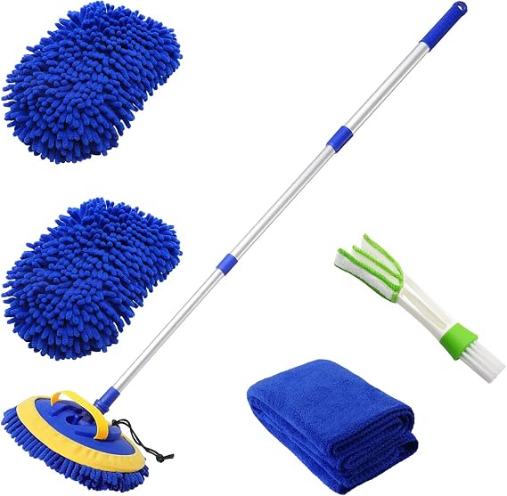 2 in 1 Microfiber Car Wash Mop Mitt with 45" Aluminum Alloy Long Handle,Chenille Car Cleaning Kit Brush Duster with Scra