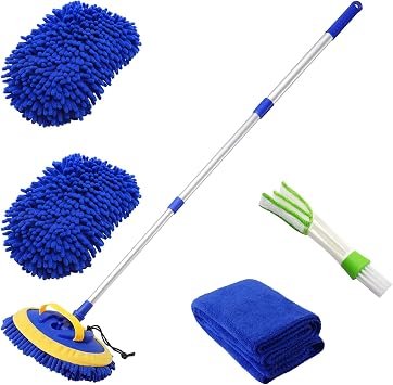 2 in 1 Microfiber Car Wash Mop Mitt with 45" Aluminum Alloy Long Handle,Chenille Car Cleaning Kit Brush Duster with Scra