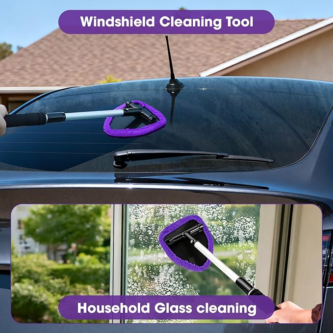 Purple Windshield Cleaner Tool, Car Interior Cleaning Kit with Extendable Handle and 3 Reusable Microfiber Pads, Auto Glass Wiper and Detailing Brush Kit for Car & Home Window