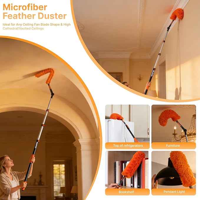 20ft High Ceiling Duster Kits with 4-12ft Heavy Duty Extension Pole, Ceiling Fan Duster, Cobweb Duster, Microfiber Duster, Window Squeegee & Cleaner, Wall Mop for Home & House Cleaning