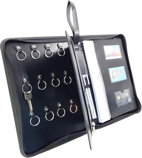 Leather Zippered Key Case,Key Organizer 12-Key Hooks Portable Key Cabinet Document Organizer Business Card Holder Tablet