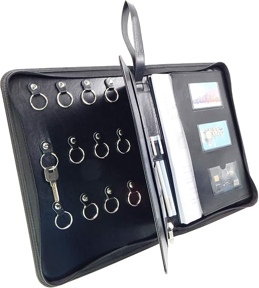 Leather Zippered Key Case,Key Organizer 12-Key Hooks Portable Key Cabinet Document Organizer Business Card Holder Tablet