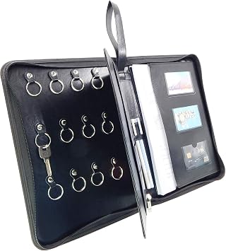 Leather Zippered Key Case,Key Organizer 12-Key Hooks Portable Key Cabinet Document Organizer Business Card Holder Tablet