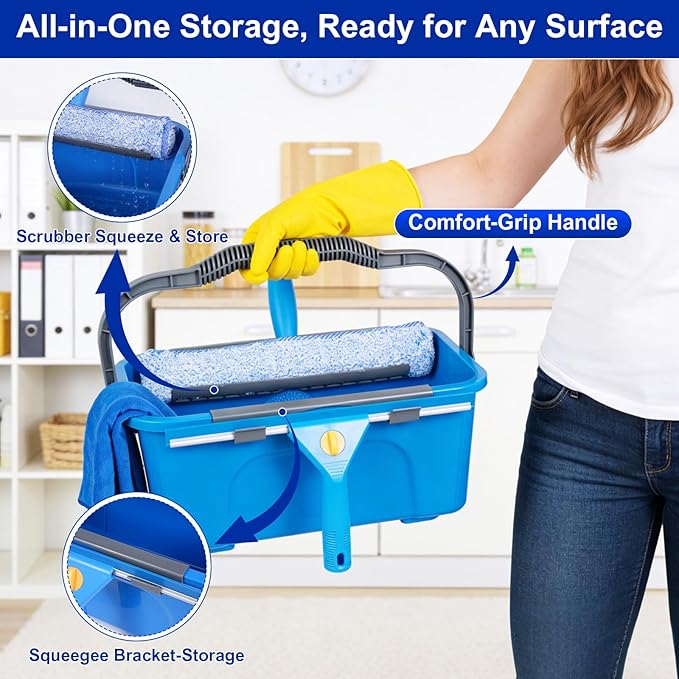 Professional Window Cleaning Kit, Window Washing Kit with 3 Gallon Bucket, 14-Inch Squeegee & 15-Inch Scrubber, 61-Inch Extendable Pole, Window Cleaning Equipment for Home & Commercial (61 inch)