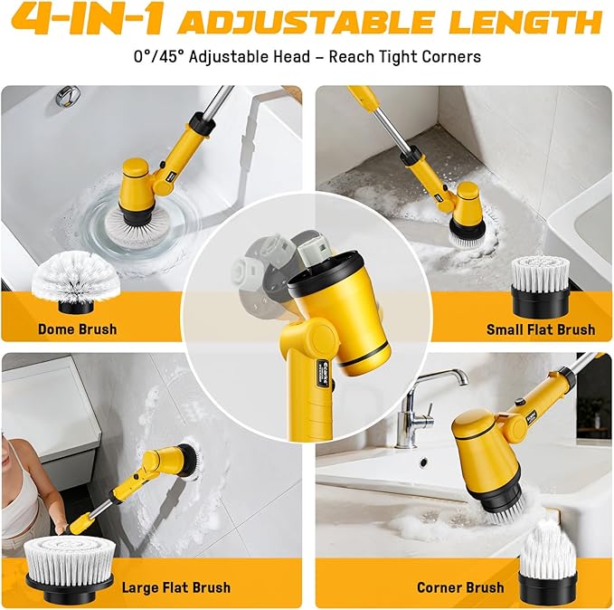 Electric Spin Scrubber Compatible with DeWalt 20V Battery, Ecarke Cordless Cleaning Brush with 4-Stage Handle, 8 Cleaning Heads for Bathroom/Floor/Kitchen/Tub/Tile, 2 Speeds – Tool Only