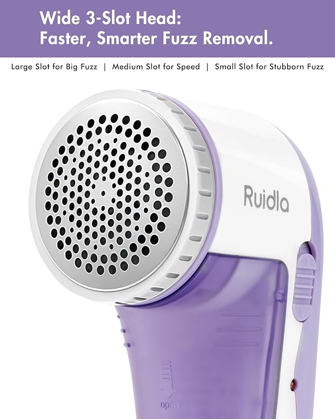 Ruidla Fabric Shaver Lint Shaver Defuzzer, Electric Lint Remover, Rechargeable Sweater Shaver with Replaceable Stainless Steel 3-Leaf Blades, Dual Protection, Removable Bin, (Micro-b Charging)