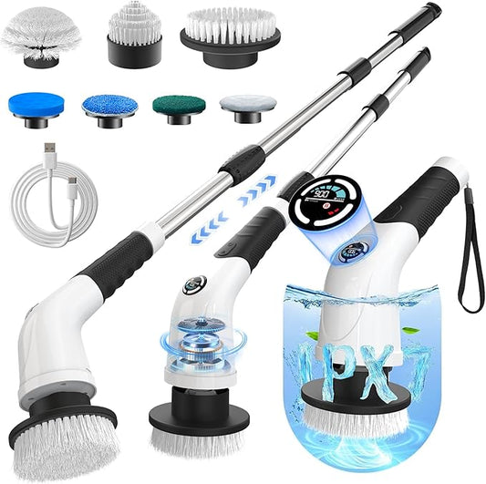 Electric Spin Scrubber, Cordless Cleaning Brush with 180 Min Runtime, 3-Speed, 7 Replaceable Brush Heads & Long Detachable Handle, LCD Display (RPM/Torque/Battery), for Bathroom, Kitchen, Tile