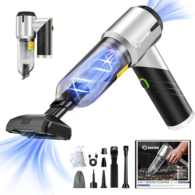 Saker Handheld Car Vacuum Portable Cordless17000PA Mini Air Duster Blower Rechargeable Foldable Vacuum Cleaner with Brushless Motor for Home, Office Pet HL132 Black