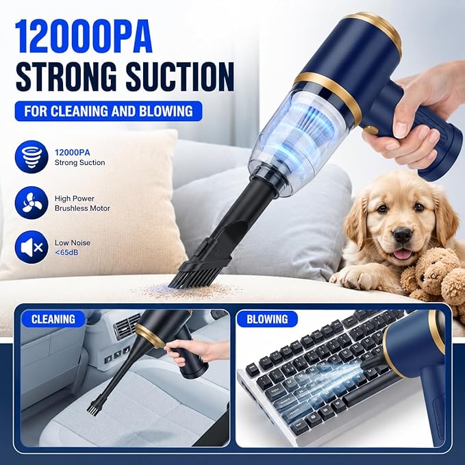 Car Vacuum Cleaner Cordless, 120W high Power Portable Mini Vacuum with 12000Pa Hand Held Vacuum Strong Suction, Electric Compressed Air Duster Blower for Car, Desk, Keyboard, Home
