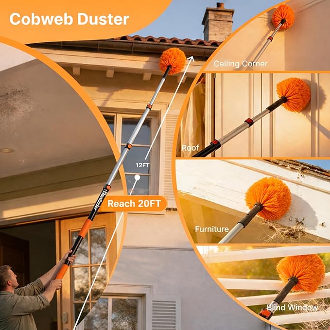 20ft High Ceiling Duster Kits with 4-12ft Heavy Duty Extension Pole, Ceiling Fan Duster, Cobweb Duster, Microfiber Duster, Window Squeegee & Cleaner, Wall Mop for Home & House Cleaning