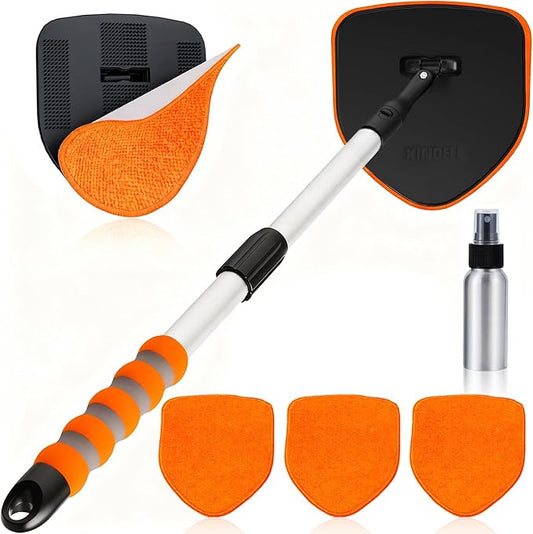 XINDELL Windshield Cleaner Tool, Car Window Cleaning Kit with 4 Reusable Microfiber Pads, Extendable Handle & 360° Rotating Head, Safety Hammer, Streak-Free Auto Glass Wiper for Car Truck SUV RV