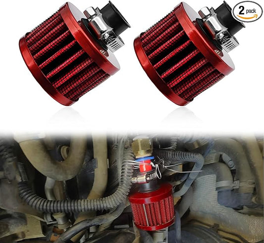 2 Pieces 12mm Universal Air Filter and Crankcase Breather Kit High Flow Cold Air Intake Filter, Turbo Vent Valve Cover Breather for Car Motorcycle Red