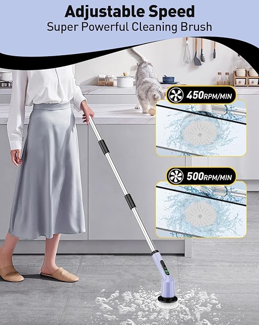 Electric Spin Scrubber for Cleaning Bathroom, Shower Scrubber Rotary Floor Brushes with IPX7 Waterproof & 2 Speed, 3 Brush Heads, Bathroom Cleaning Supplies for Shower Tub Tile Toilet Purple