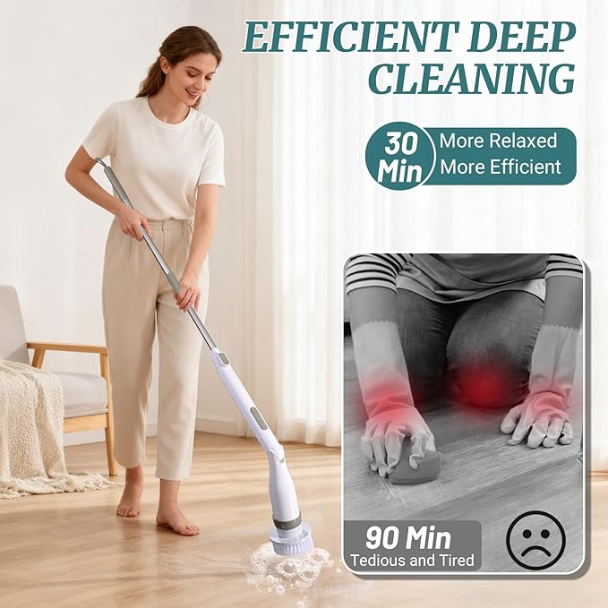 Electric Spin Scrubber, IPX7 Waterproof Shower Cleaning Brush with 8 Replaceable Brush Heads, Extendable Long Handle and 2 Adjustable Speeds Tools White