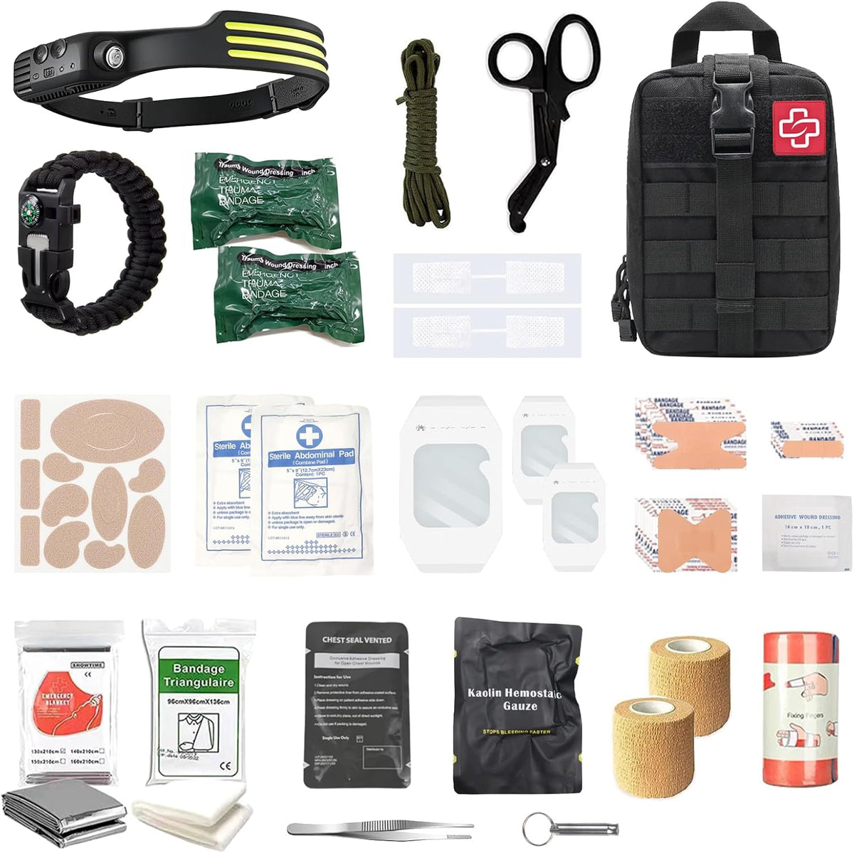 IFAK Trauma Kit with Buckle Tourniquet, Israeli Bandage, Hemostatic Gauze, Vented Chest Seal, ABD Pad, Splint, Wound Closure Strips, MOLLE for Camping, Hiking, Hunting, Range, Black