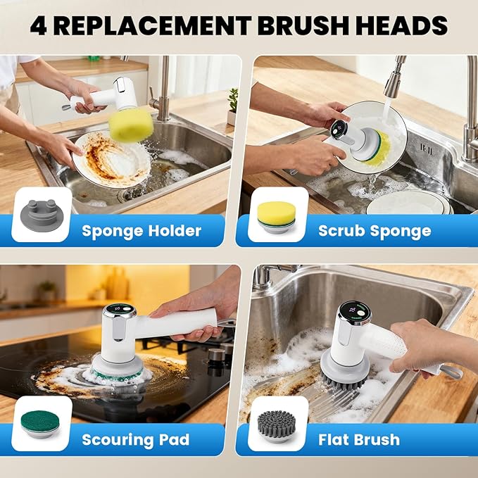 Electric Spin Scrubber for Scrub Daddy/Mommy, Goldusk 2-Speed Power Cleaning Brush with Digital Display 4 Replacement Brush Heads, Smiley Sponge Wand Handle Dish Wand for Sink/Griddle/Stove/Tub/Tile