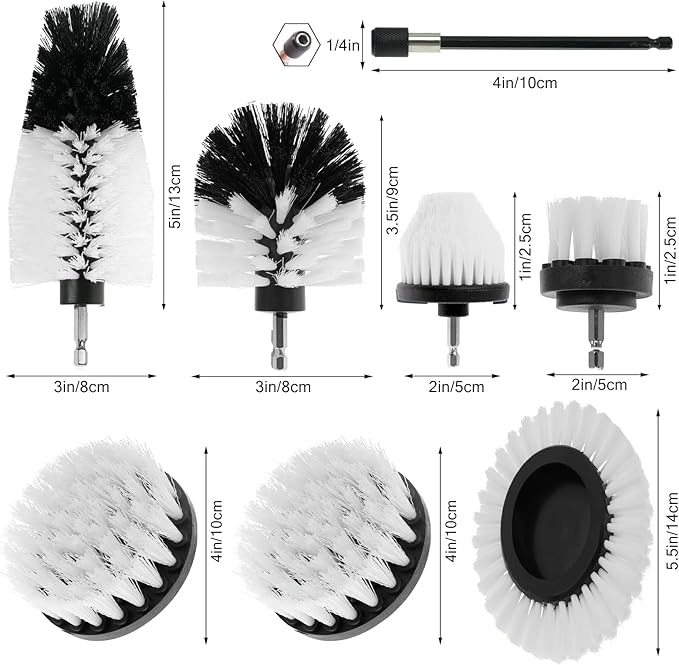 8 Pcs Drill Brush Attachment Set, Power Cleaning Scrub Brush Kit with Extend Long Attachment, All Purpose Drill Scrub Brushes for Car, Grout, Floor, Tub, Bathroom and Kitchen (White)