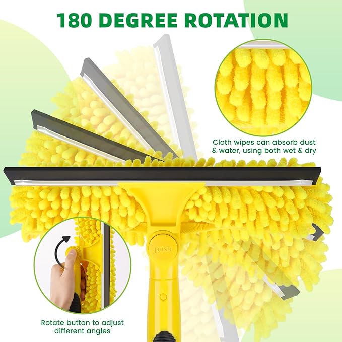 45'' Long Reach Window Squeegee with Telescoping Extension Pole, 2-in-1 Indoor/Outdoor Cleaning Tool with 270° Rotatable Head, Lightweight Alloy Aluminum Pole for Shower Door, Mirror, Car Windshield