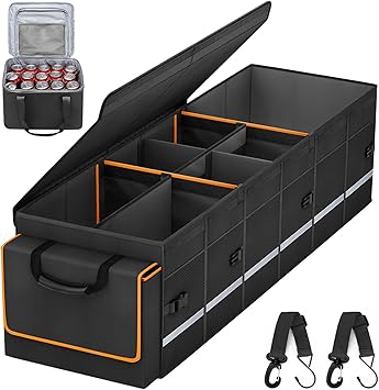 Car Trunk Organizer and Storage with Lid & Removable Leakproof Cooler Bag, Car Accessories 6 Removable Dividers for Cust