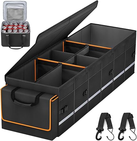 Car Trunk Organizer and Storage with Lid & Removable Leakproof Cooler Bag, Car Accessories 6 Removable Dividers for Cust