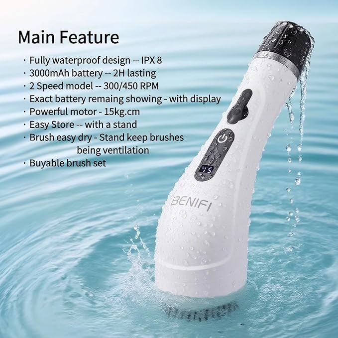 Electric Spin Scrubber Full-Body IPX7 Waterproof Cordless Bathroom Cleaning Brush with Power LCD Display and 8 Brush Heads