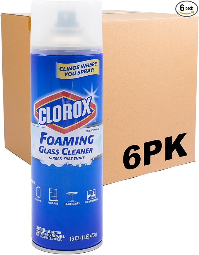 CLOROX Foaming Glass Cleaner Aerosol - All Purpose Window And Glass Cleaner Spray - Washes Away Germs - Streak-Free & No-Drip formula Glass Cleaners for Windows and Mirrors, 16 Oz - 6 Pack