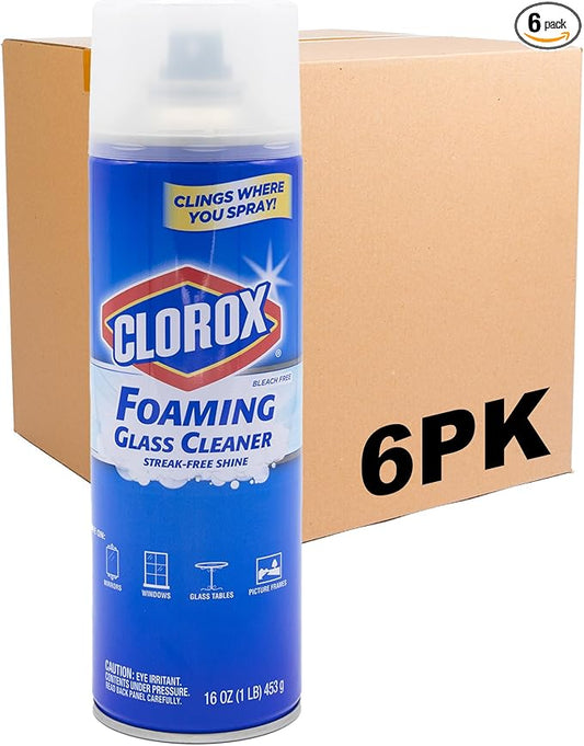 CLOROX Foaming Glass Cleaner Aerosol - All Purpose Window And Glass Cleaner Spray - Washes Away Germs - Streak-Free & No-Drip formula Glass Cleaners for Windows and Mirrors, 16 Oz - 6 Pack