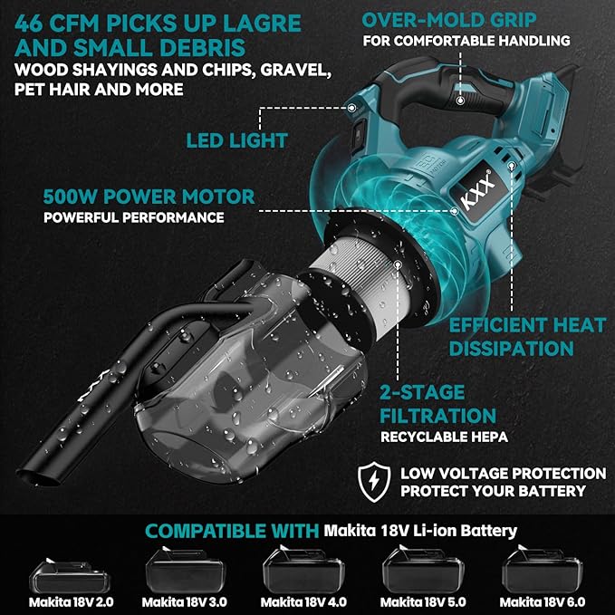 Cordless Vacuum for Makita Battery, 5 in 1 Handheld Electric Vacuum Cleaner with 500W Powerful Motor, 46 CFM Portable Hand Vacuum with Filtration HEPA for Floor, Carpet, Car (Battery Not Included)