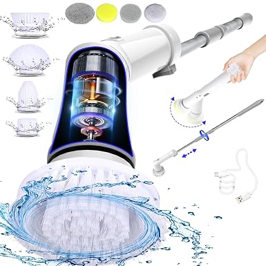UBeesize Electric Spin Scrubber,Long Cordless Cleaning Brush,Rotatable Shower Scrubber with 8 Replaceable Heads,Adjustab
