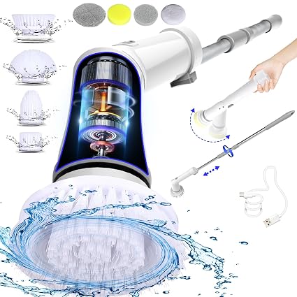 UBeesize Electric Spin Scrubber,Long Cordless Cleaning Brush,Rotatable Shower Scrubber with 8 Replaceable Heads,Adjustab