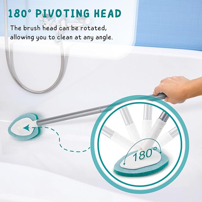Shower Scrubber with Long Handle, 47'' Bathtub Scrub Brush, Bathroom Tub and Tile Cleaning Tool with 6 Refill Pads