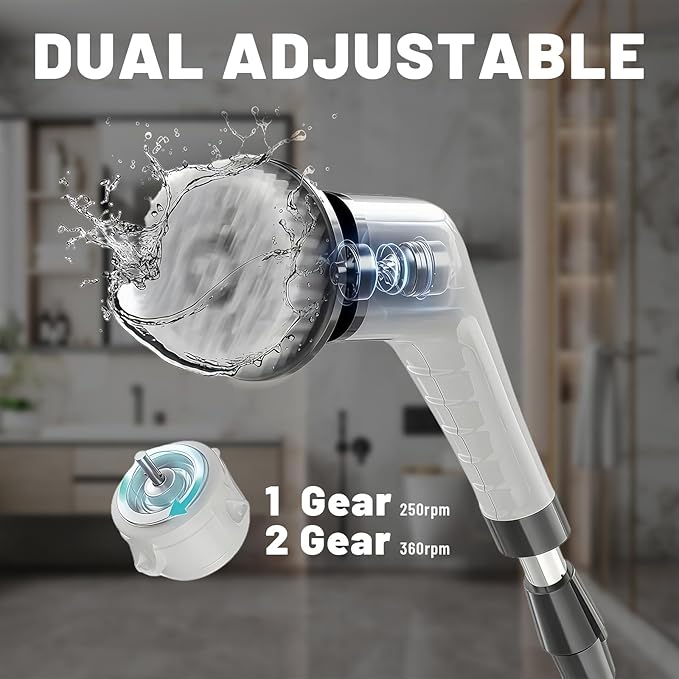 Electric Spin Scrubber- Ditch the Scrubbing! Long Handle Shower Scrubber with 9 Replaceable Heads - 2 Speed Cordless Brush Ensures Long Battery Life, Modern White Design!