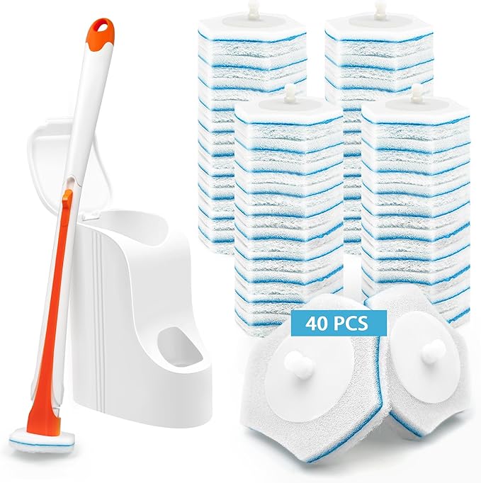 JEHONN Disposable Toilet Bowl Cleaner Wand with 40 Cleaner Refills, Wall Mounted Long Handle Compact Bathroom Scrub Brush Holder Set for Sink Bathtub Wash Basin Mop Pool (Orange)