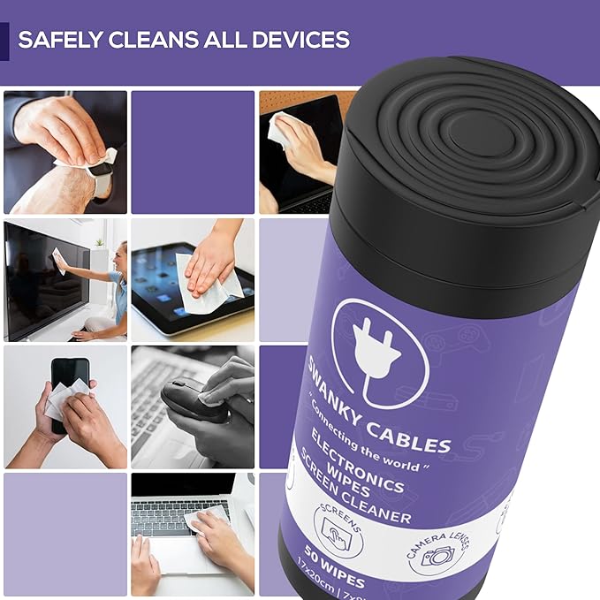 Swanky Cables Screen Cleaner Wipes: Electronic Wipes for Screens - Computer Screen Wipes for Lens, Phone, Tv Screen and Monitor Cleaning - Tech Wipes & Microfiber Cloth (Canister, 300 Count)