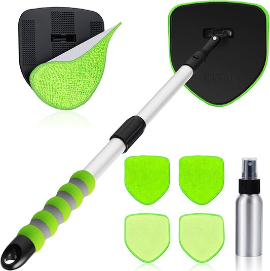 XINDELL Windshield Cleaner Tool, Car Window Cleaning Kit with 4 Reusable Microfiber Pads, Extendable Handle & 360° Rotating Head, Safety Hammer, Streak-Free Auto Glass Wiper for Car Truck SUV RV