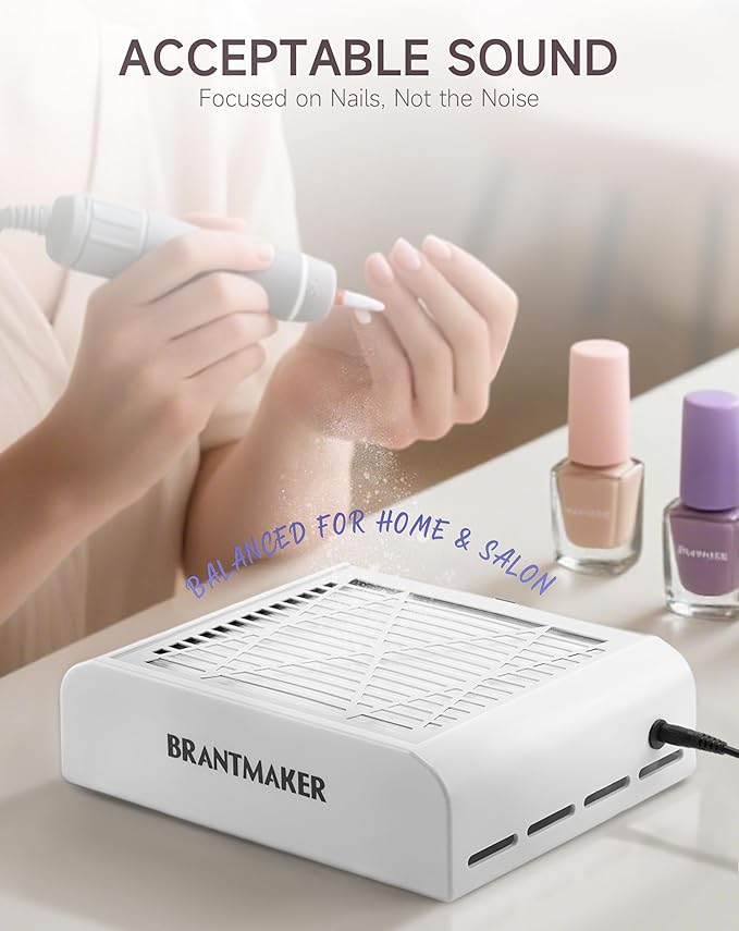 BRANTMAKER Nail Dust Collector with Brush and 2 Reusable Filters, 60W Vacuum Dust Fan for Acrylic Nails (white)