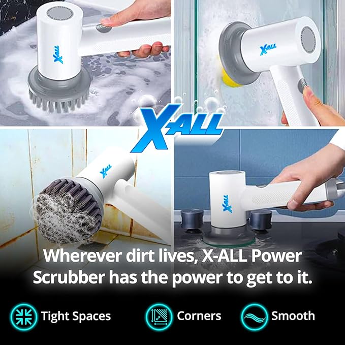 X-All Electric Spin Power Scrubber - Rechargeable Lightweight Waterproof Cordless 2-Speed Control Cleaning Tool with 2 Spin Brush Heads - White