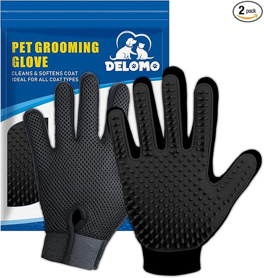 Upgrade Version Pet Grooming Glove - Gentle Deshedding Brush Glove for Dogs, Cats & Horses with Long and Short Fur - Efficient Pet Hair Remover Mitt - Enhanced Five Finger Design - 1 Pair (Black)