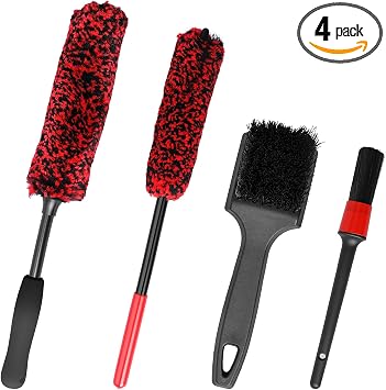 4PCS Long Handle Wheel Brush Kit,Bendable and Durable Wheel Rim Cleaner Brush Set Red