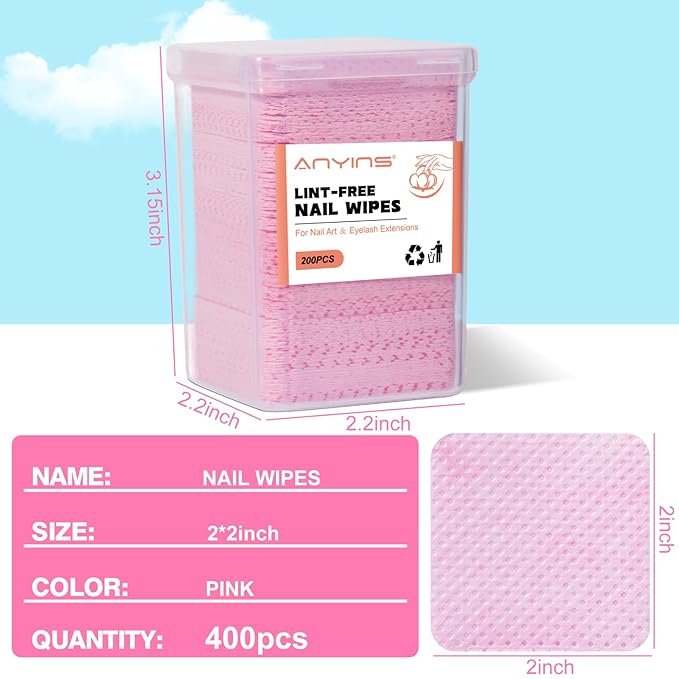 Lint Free Nail Wipes, 400PCS Lint Free Wipes Non-woven Fabric Nail Polish Remover Super Absorbent Soft Cotton Pads for Lash Extensions Glue Cleaning Salon Supplies & Home DIY