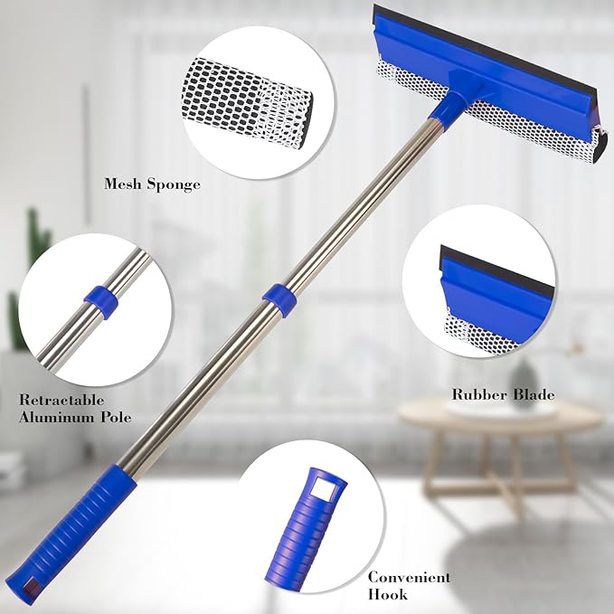2-in-1 Window Squeegee&Car Squeegee with 15.7"-27.5" Retractable Stainless Steel Handle, Windshield Cleaner Tool for Cars, Trucks, Glass Doors, Shower Glass, Outdoor Windows