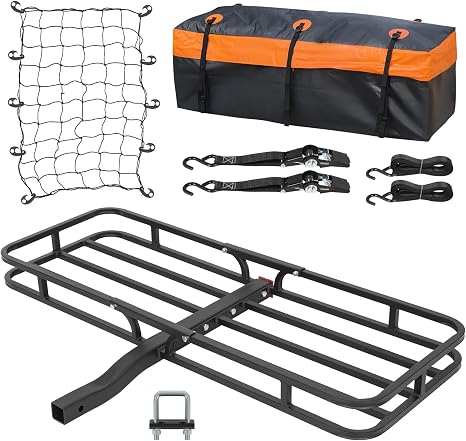 WEIZE 53" x 19" Hitch Mount Cargo Carrier Basket 500LB Capacity with Hitch Stabilizer, Waterproof Bag, Net & Straps, Fit
